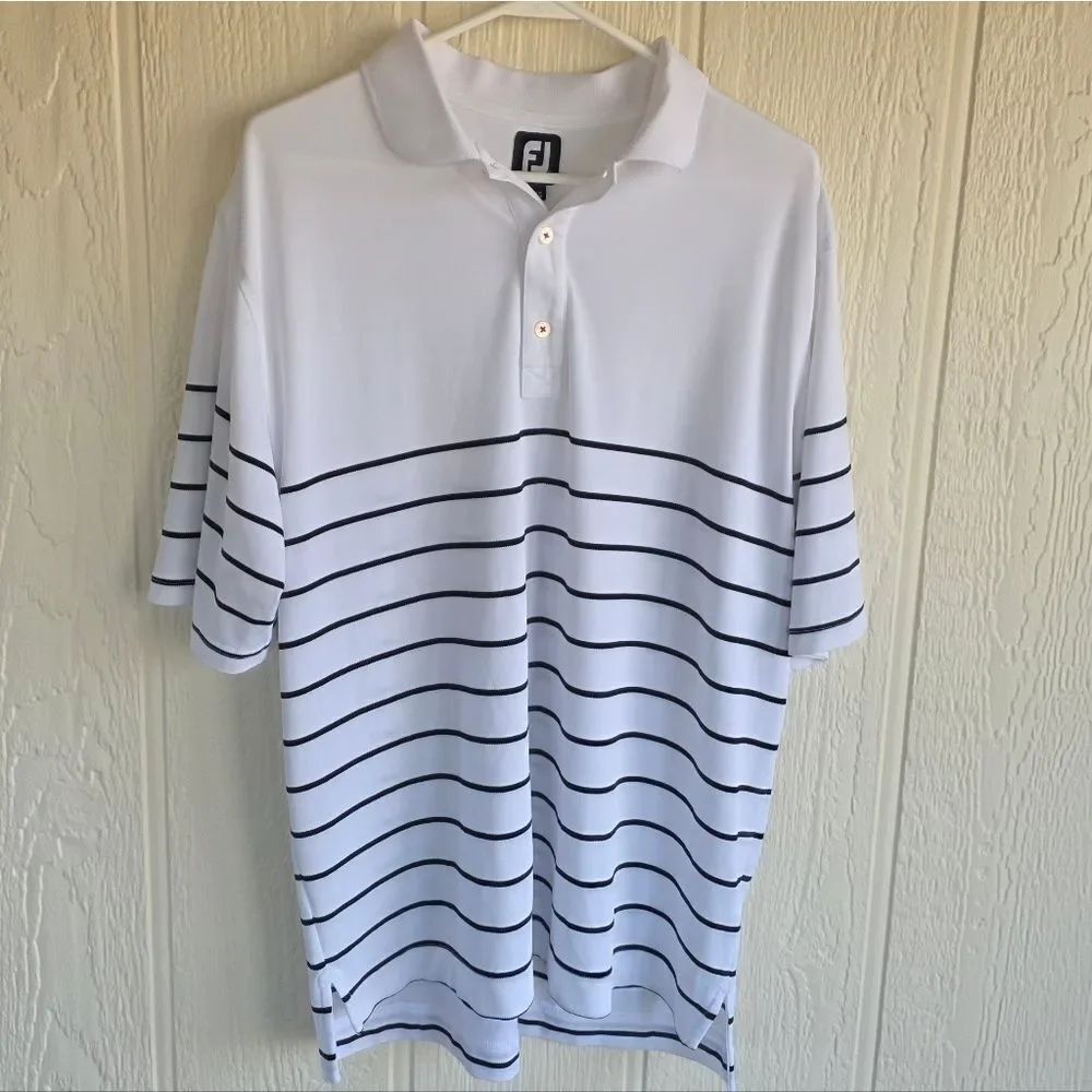 Men's FootJoy White Polo with Black Horizontal Stripes, Size Large